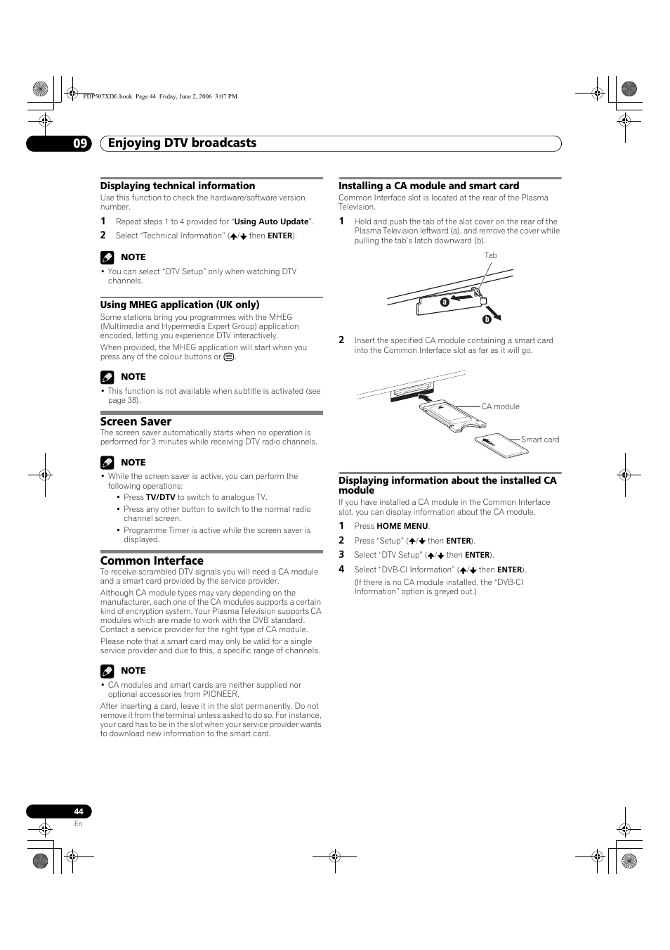 Screen saver common interface, Enjoying dtv broadcasts 09, Screen saver | Common interface | Pioneer PDP-507XD User Manual | Page 44 / 218