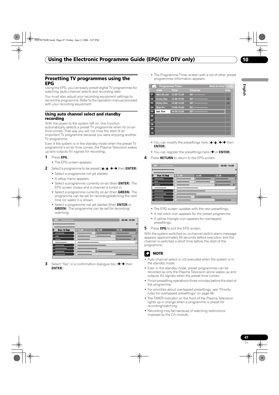 Presetting tv programmes using the epg, Using auto channel select and standby recording | Pioneer PDP-507XD User Manual | Page 47 / 218