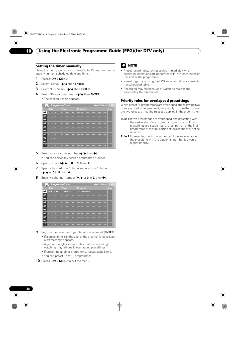 Setting the timer manually, Priority rules for overlapped presettings | Pioneer PDP-507XD User Manual | Page 48 / 218