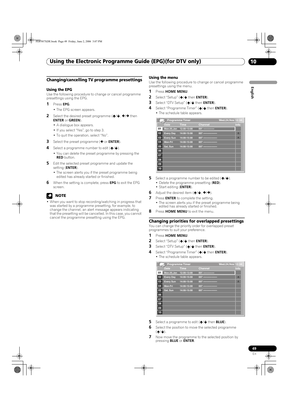 Changing/cancelling tv programme presettings, Changing priorities for overlapped presettings | Pioneer PDP-507XD User Manual | Page 49 / 218