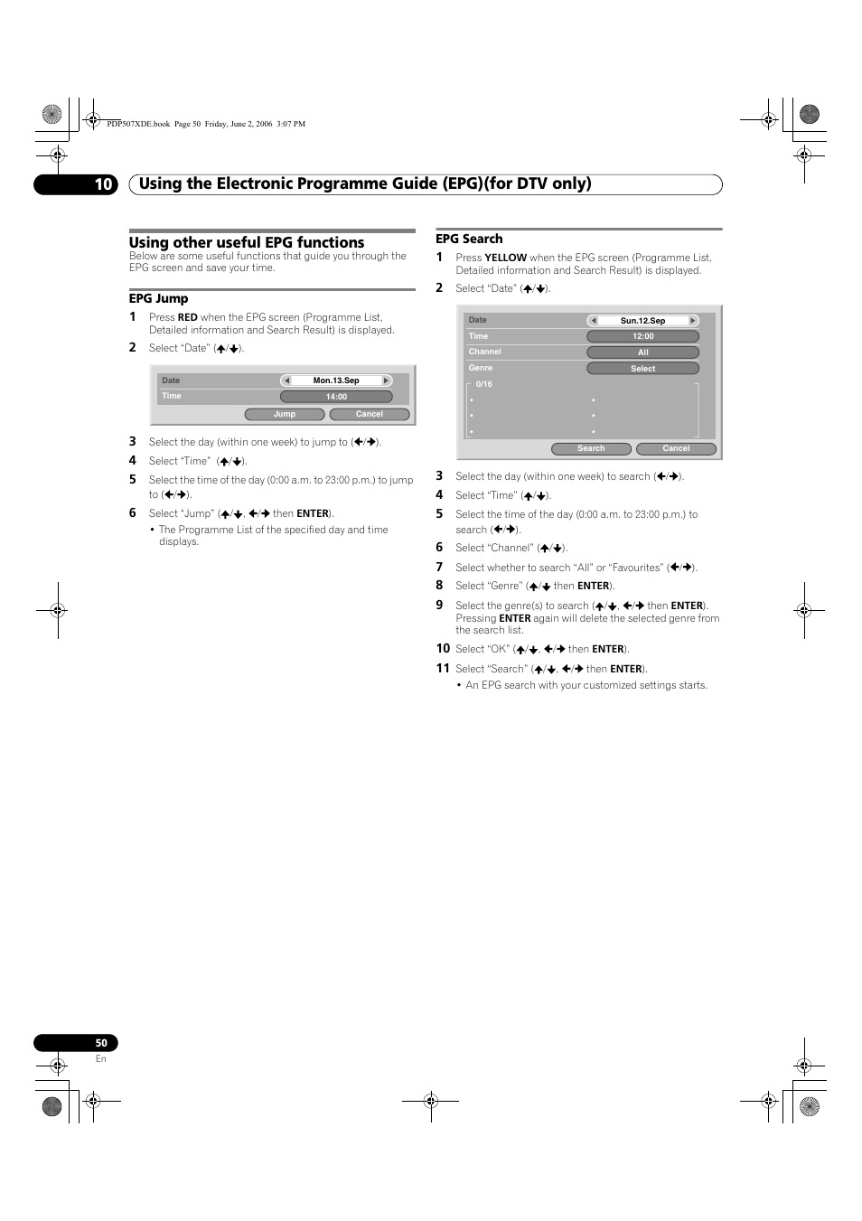 Using other useful epg functions, Epg jump epg search | Pioneer PDP-507XD User Manual | Page 50 / 218