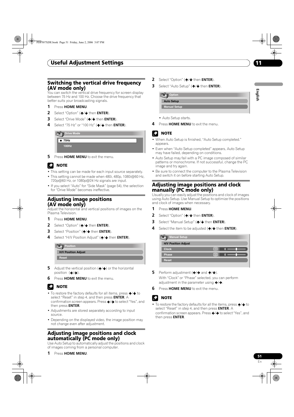 11 useful adjustment settings, Useful adjustment settings 11, Useful adjustment settings | Adjusting image positions (av mode only) | Pioneer PDP-507XD User Manual | Page 51 / 218