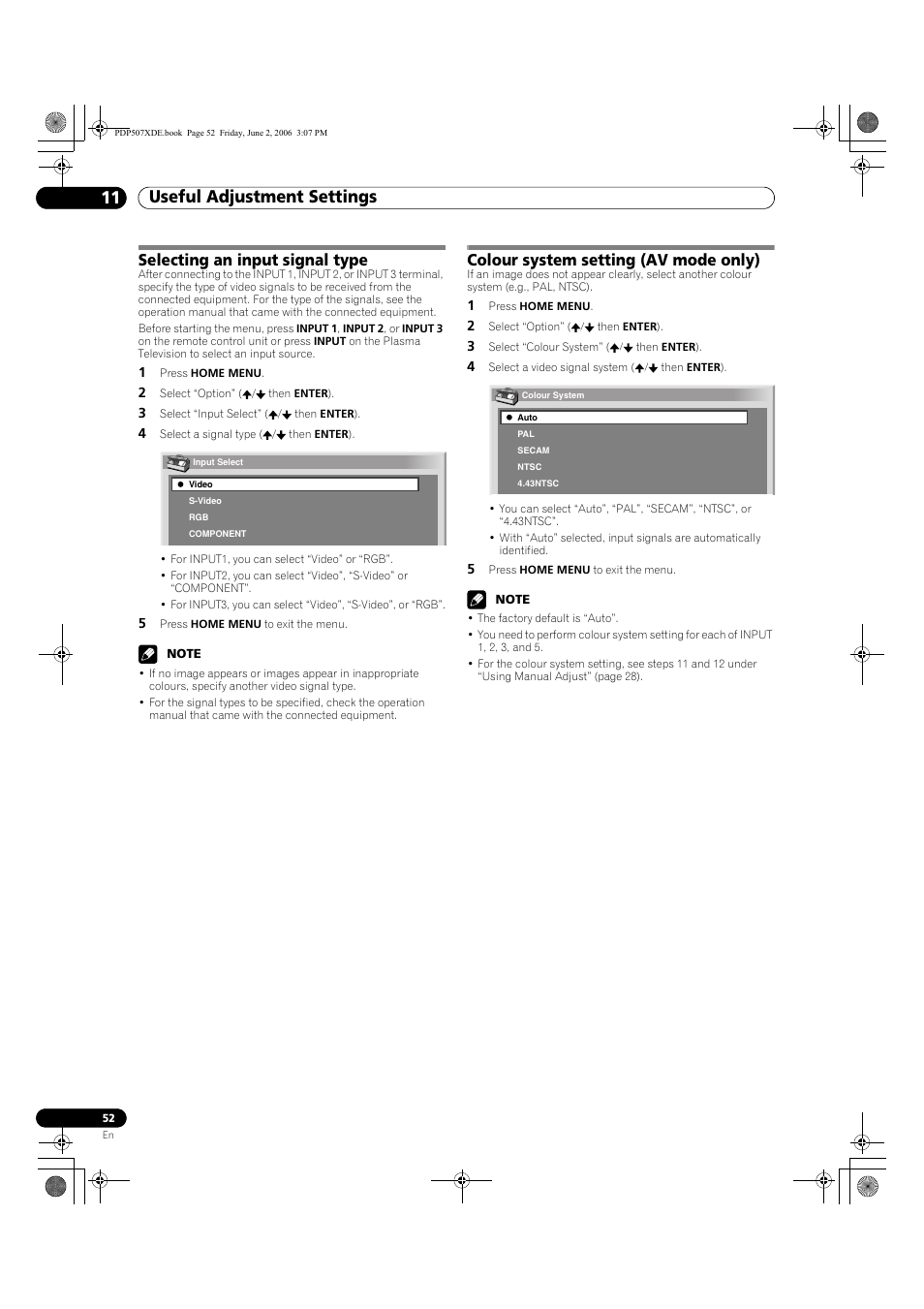 Useful adjustment settings 11, Selecting an input signal type, Colour system setting (av mode only) | Pioneer PDP-507XD User Manual | Page 52 / 218
