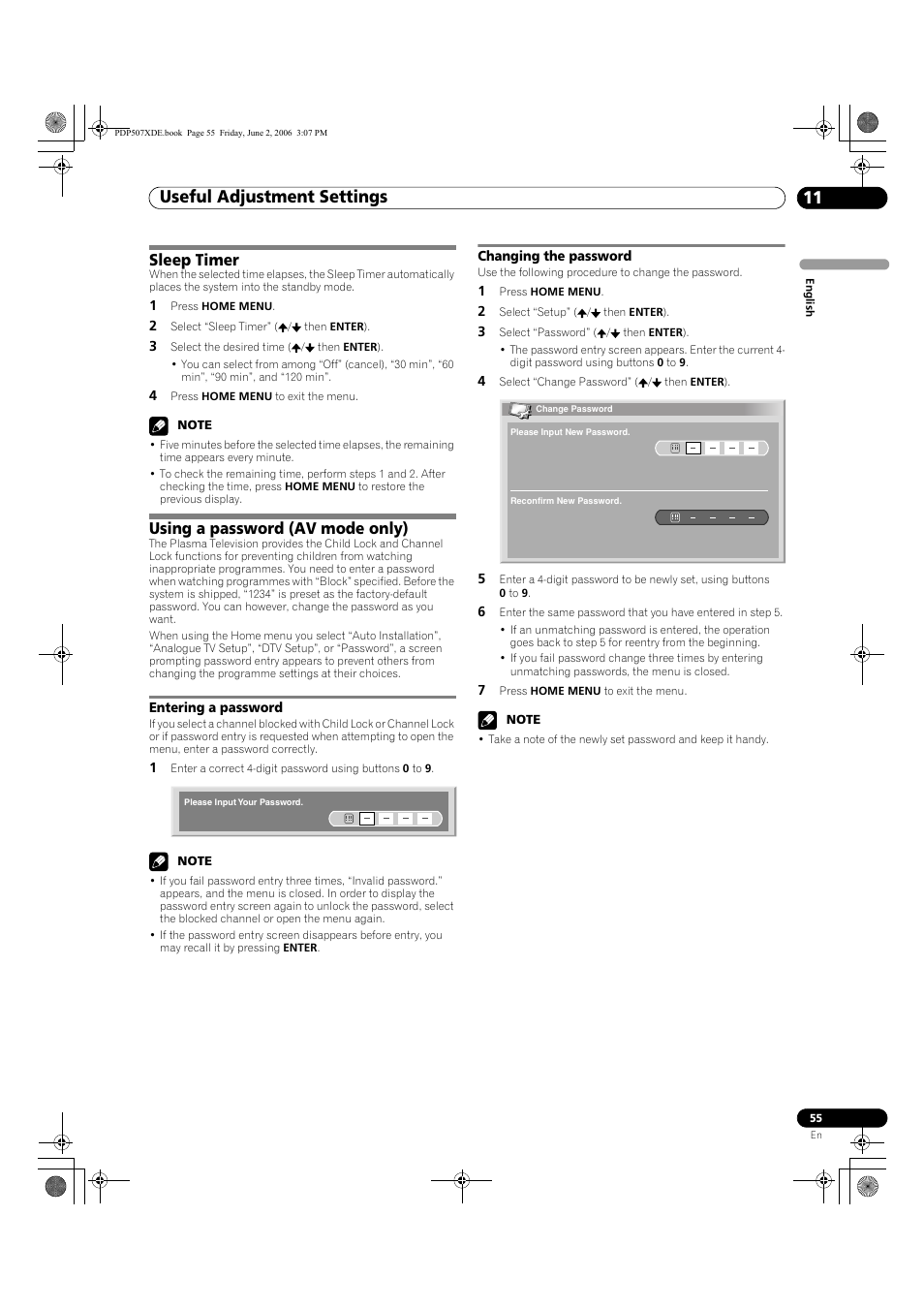 Sleep timer using a password (av mode only), Entering a password changing the password, Useful adjustment settings 11 | Sleep timer, Using a password (av mode only) | Pioneer PDP-507XD User Manual | Page 55 / 218