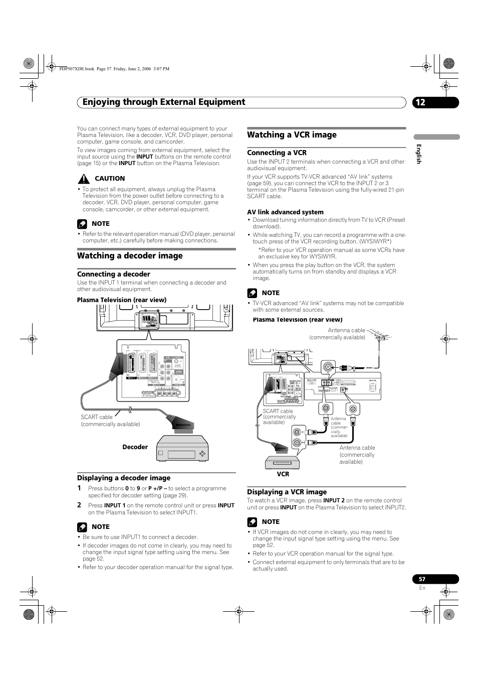 12 enjoying through external equipment, Watching a decoder image, Connecting a decoder displaying a decoder image | Watching a vcr image, Connecting a vcr displaying a vcr image, Enjoying through external equipment 12, Enjoying through external equipment | Pioneer PDP-507XD User Manual | Page 57 / 218