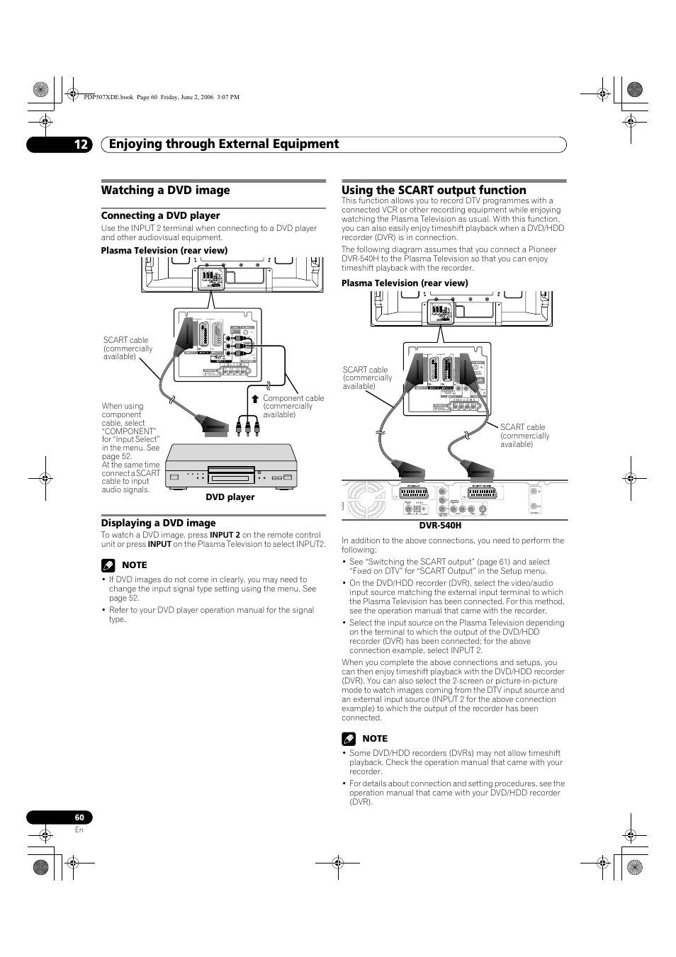 Watching a dvd image, Connecting a dvd player displaying a dvd image, Using the scart output function | Enjoying through external equipment 12 | Pioneer PDP-507XD User Manual | Page 60 / 218