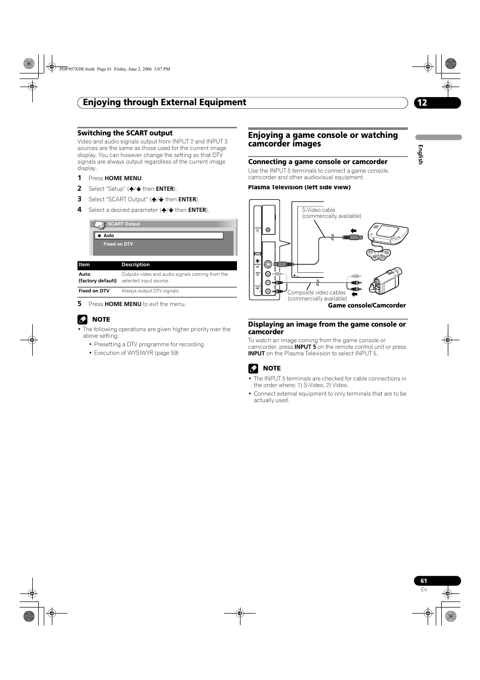 Switching the scart output, Enjoying through external equipment 12 | Pioneer PDP-507XD User Manual | Page 61 / 218