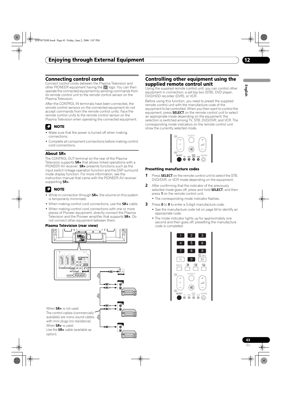 Connecting control cords, About sr, Enjoying through external equipment 12 | Pioneer PDP-507XD User Manual | Page 63 / 218