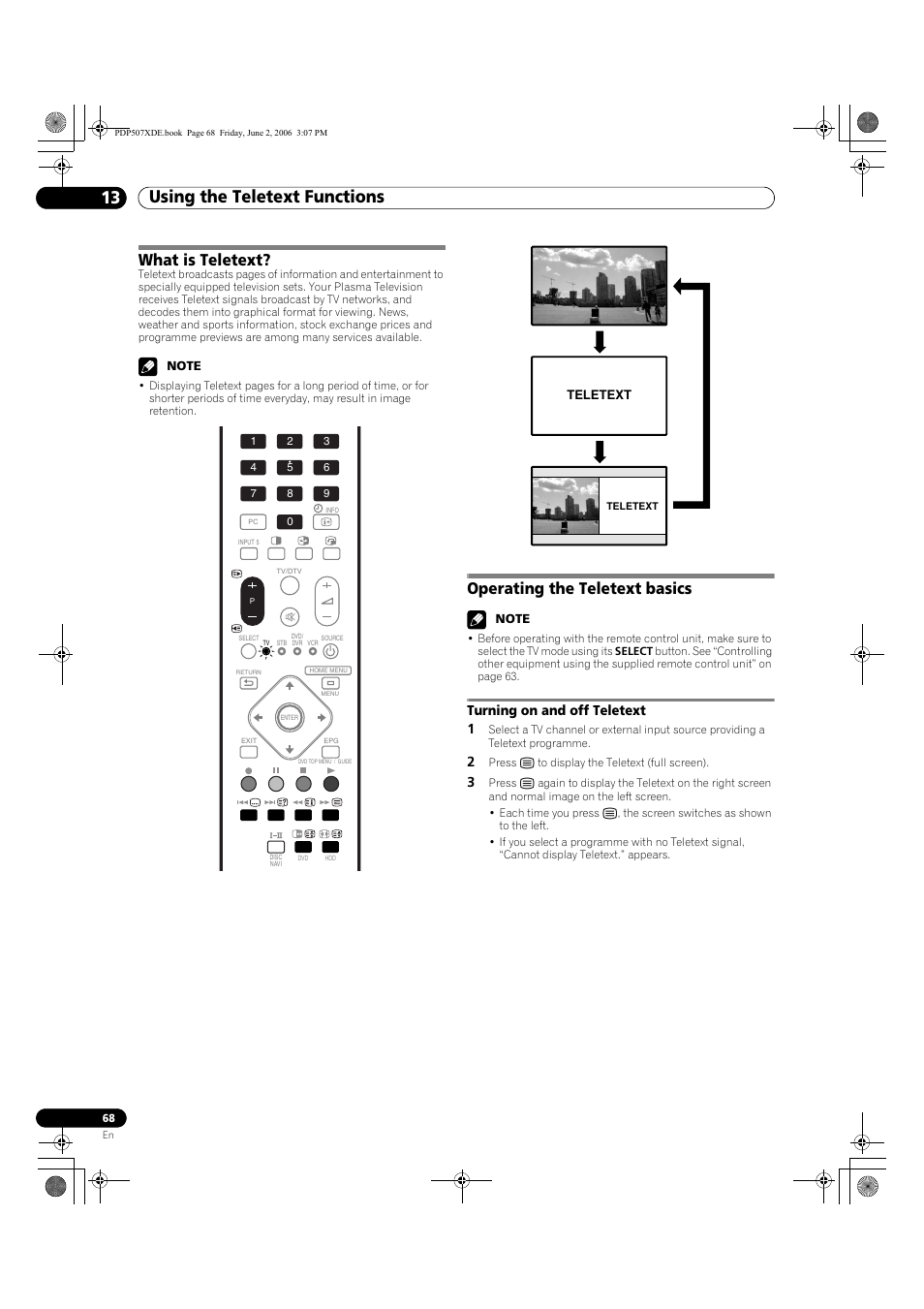 13 using the teletext functions, What is teletext? operating the teletext basics, Turning on and off teletext | What is teletext, Operating the teletext basics, Turning on and off teletext 1 | Pioneer PDP-507XD User Manual | Page 68 / 218