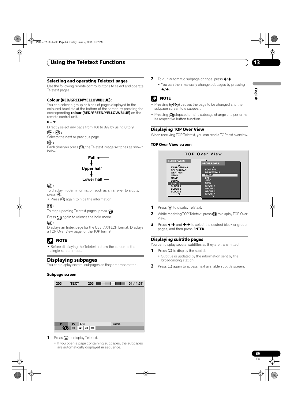 Using the teletext functions 13, Displaying subpages | Pioneer PDP-507XD User Manual | Page 69 / 218