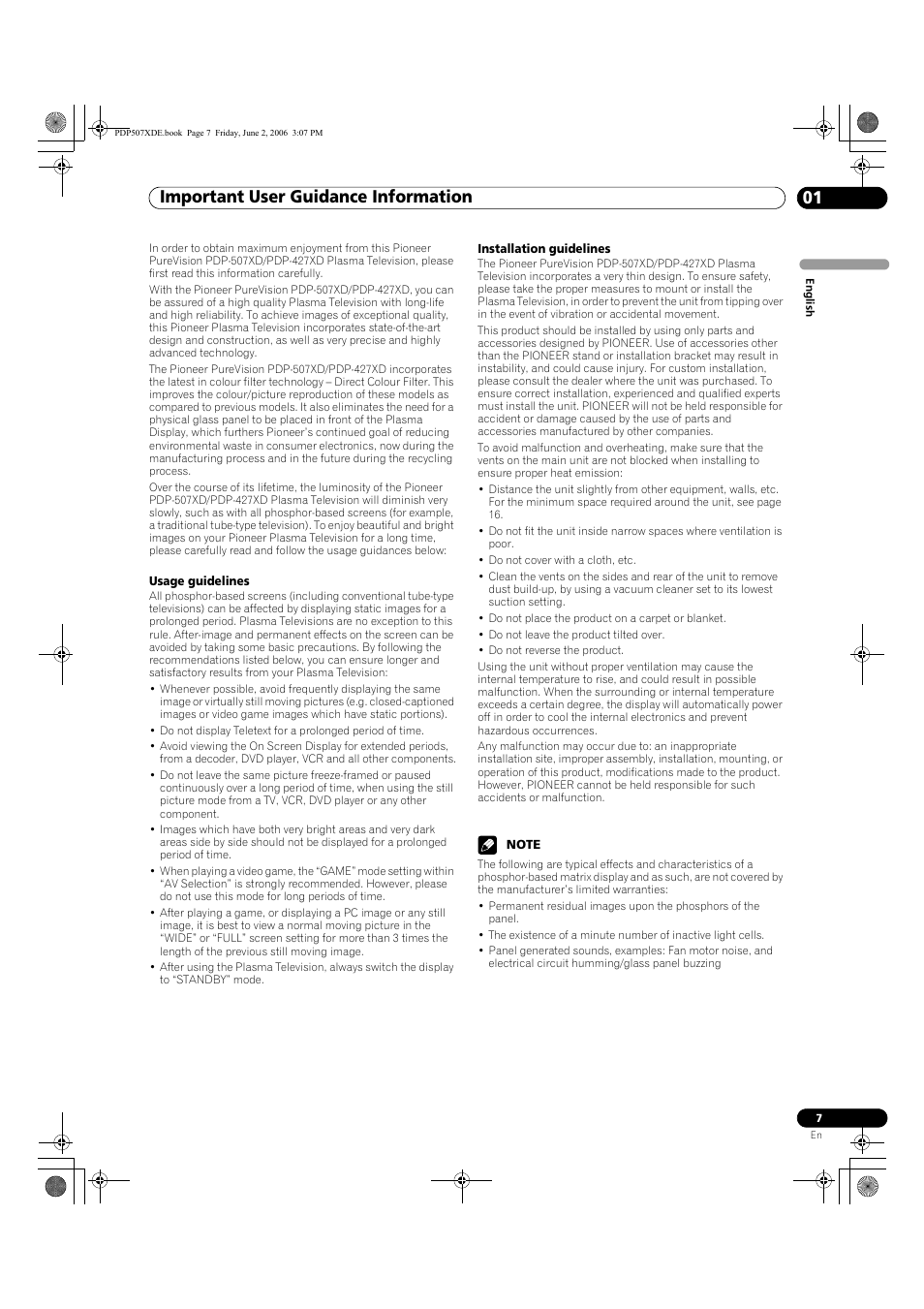 01 important user guidance information, Important user guidance information 01, Important user guidance information | Pioneer PDP-507XD User Manual | Page 7 / 218