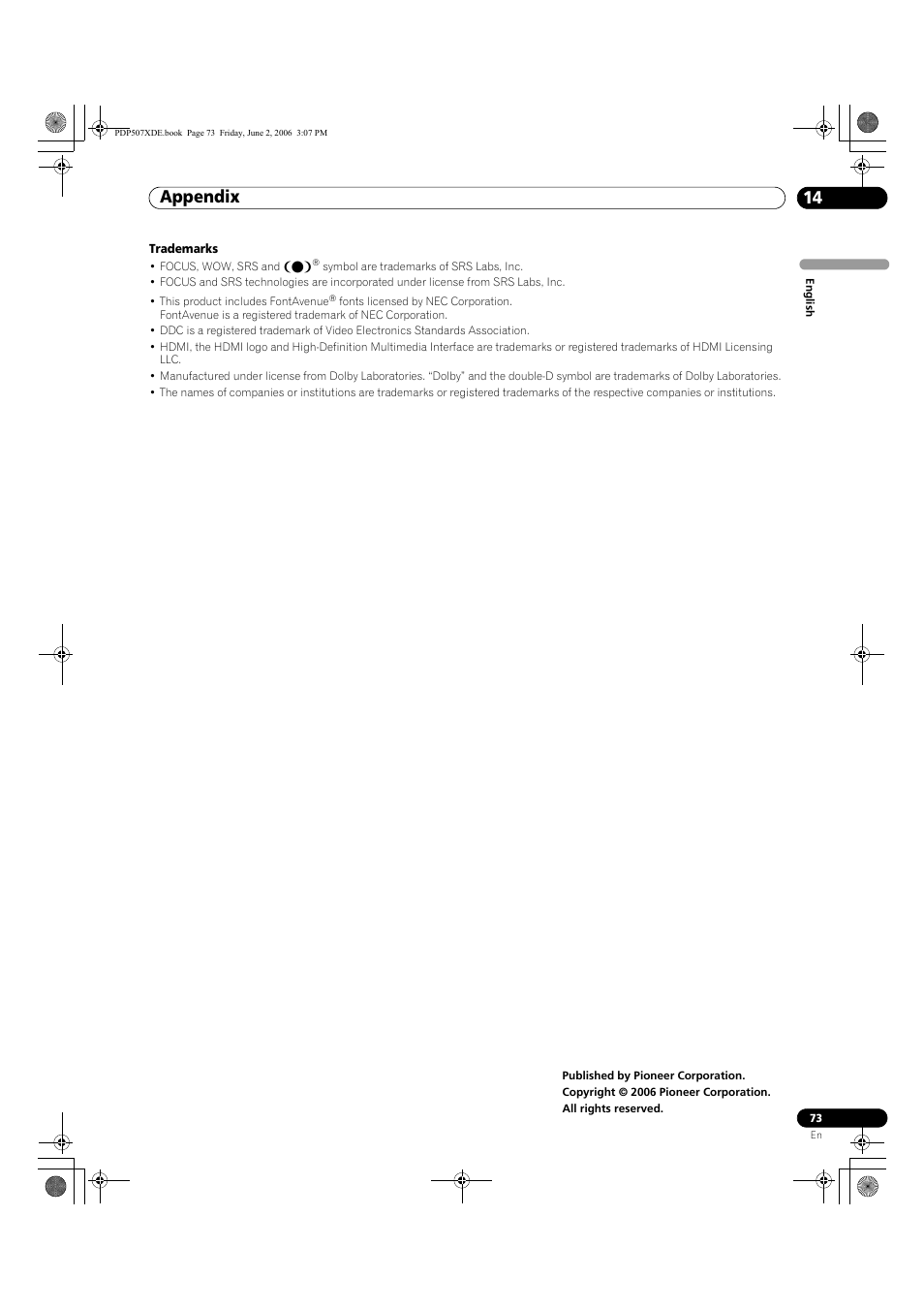 Appendix 14 | Pioneer PDP-507XD User Manual | Page 73 / 218