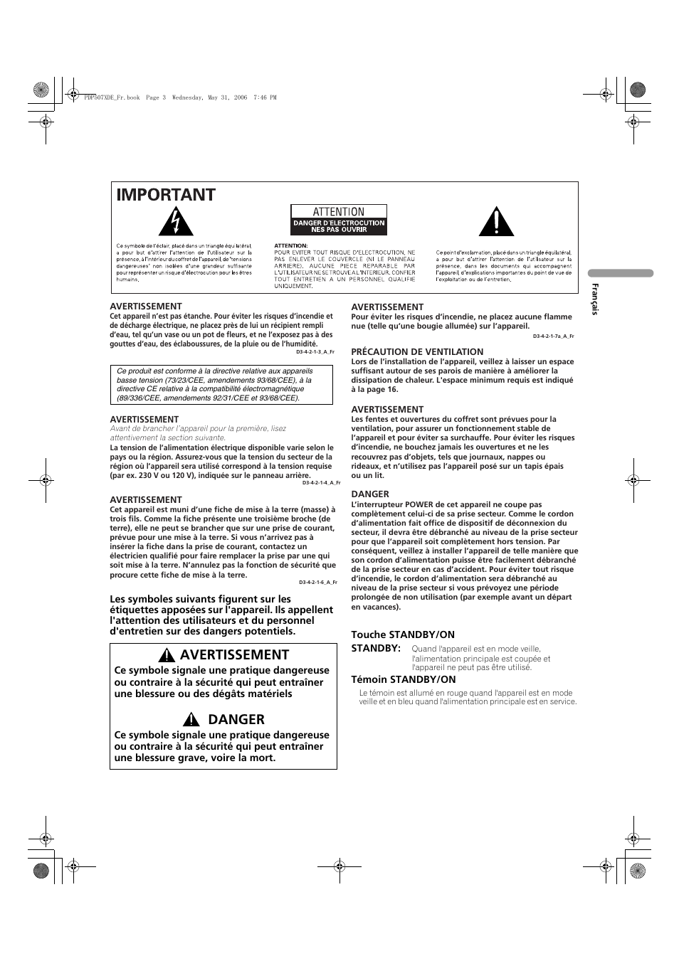 Avertissement, Danger | Pioneer PDP-507XD User Manual | Page 75 / 218