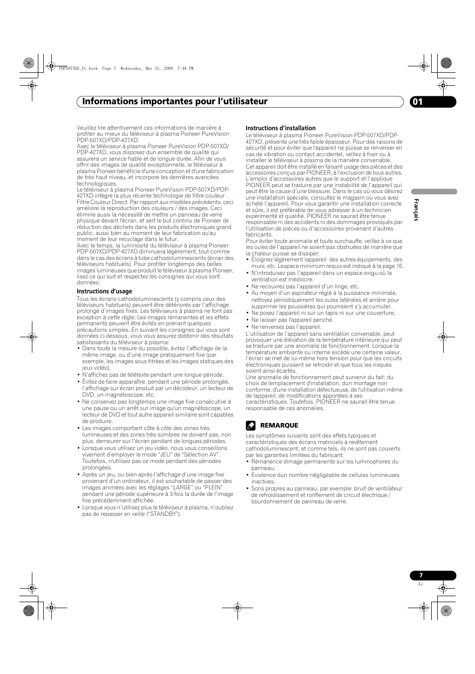 01 informations importantes pour l’utilisateur, Informations importantes pour l’utilisateur 01, Informations importantes pour l’utilisateur | Pioneer PDP-507XD User Manual | Page 79 / 218