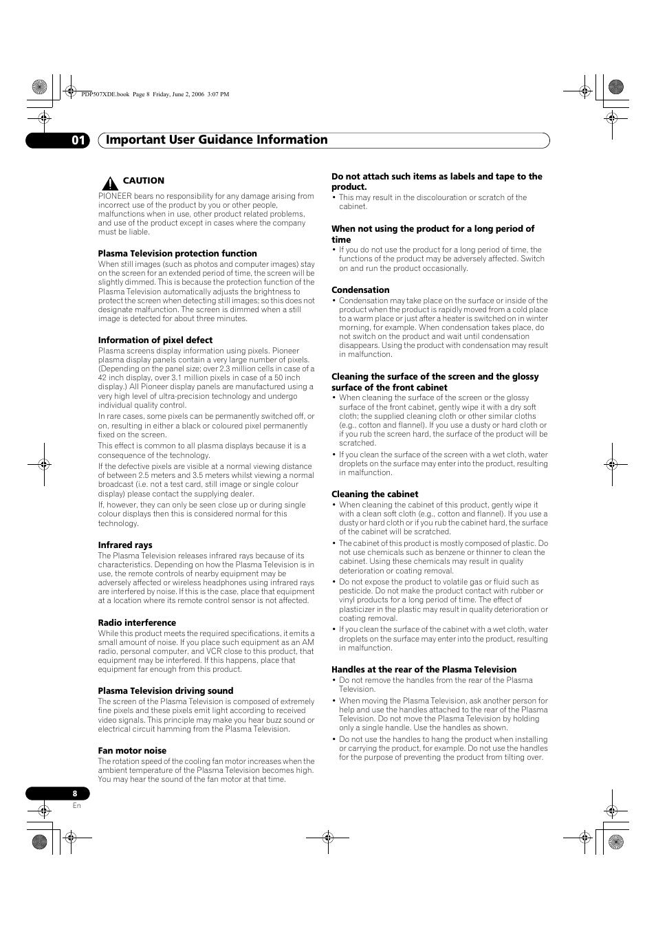 Important user guidance information 01 | Pioneer PDP-507XD User Manual | Page 8 / 218