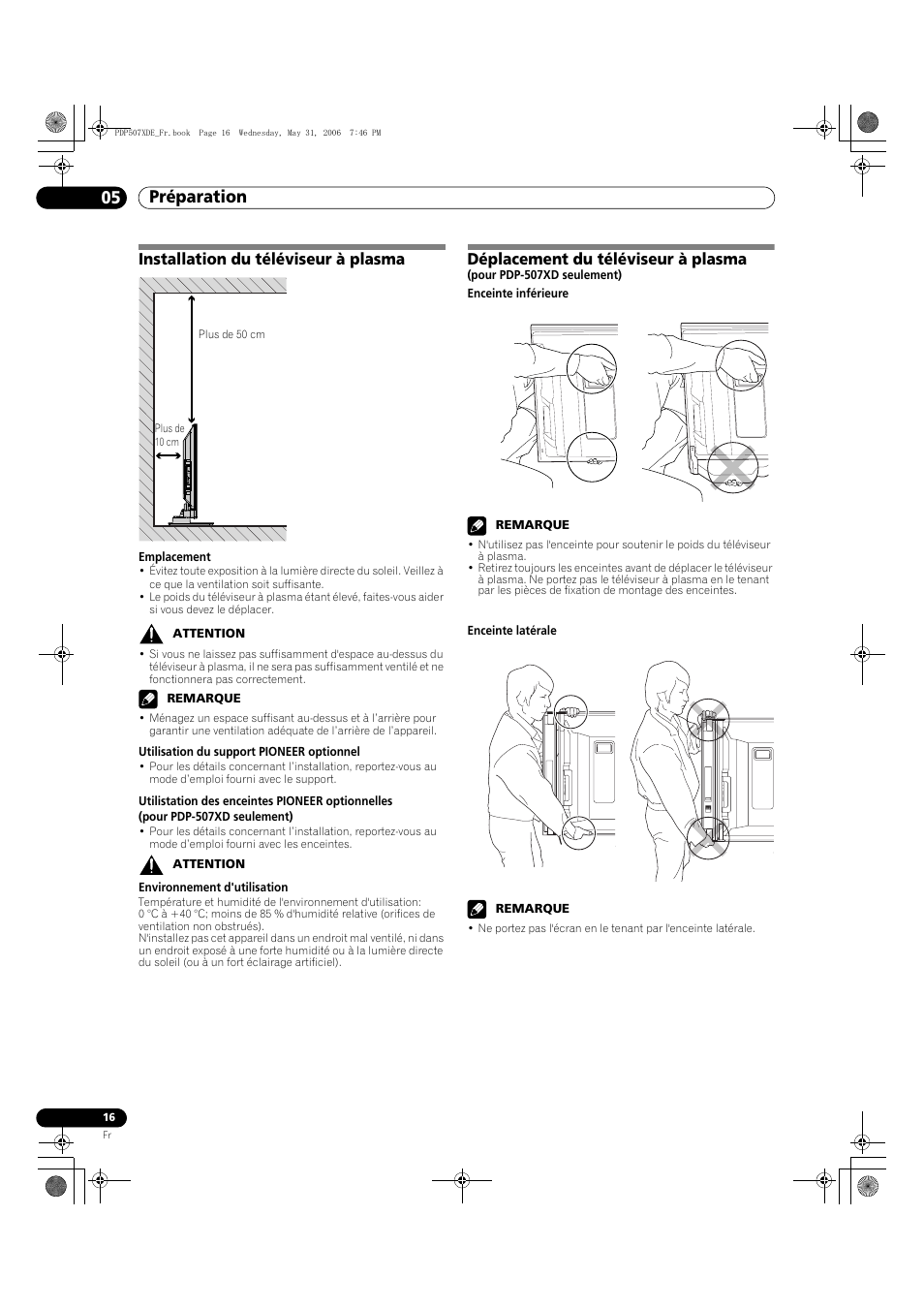 05 préparation, Préparation 05 préparation, Installation du téléviseur à plasma | Déplacement du téléviseur à plasma | Pioneer PDP-507XD User Manual | Page 88 / 218