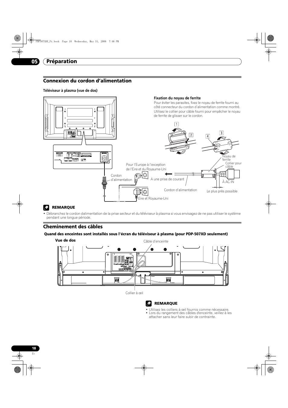 Préparation 05, Connexion du cordon d’alimentation, Cheminement des câbles | Pioneer PDP-507XD User Manual | Page 90 / 218