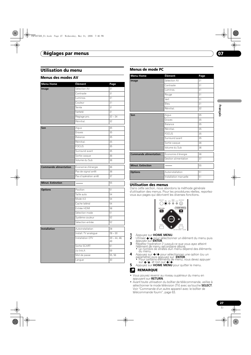 07 réglages par menus, Utilisation du menu, Réglages par menus 07 | Réglages par menus, Remarque | Pioneer PDP-507XD User Manual | Page 99 / 218