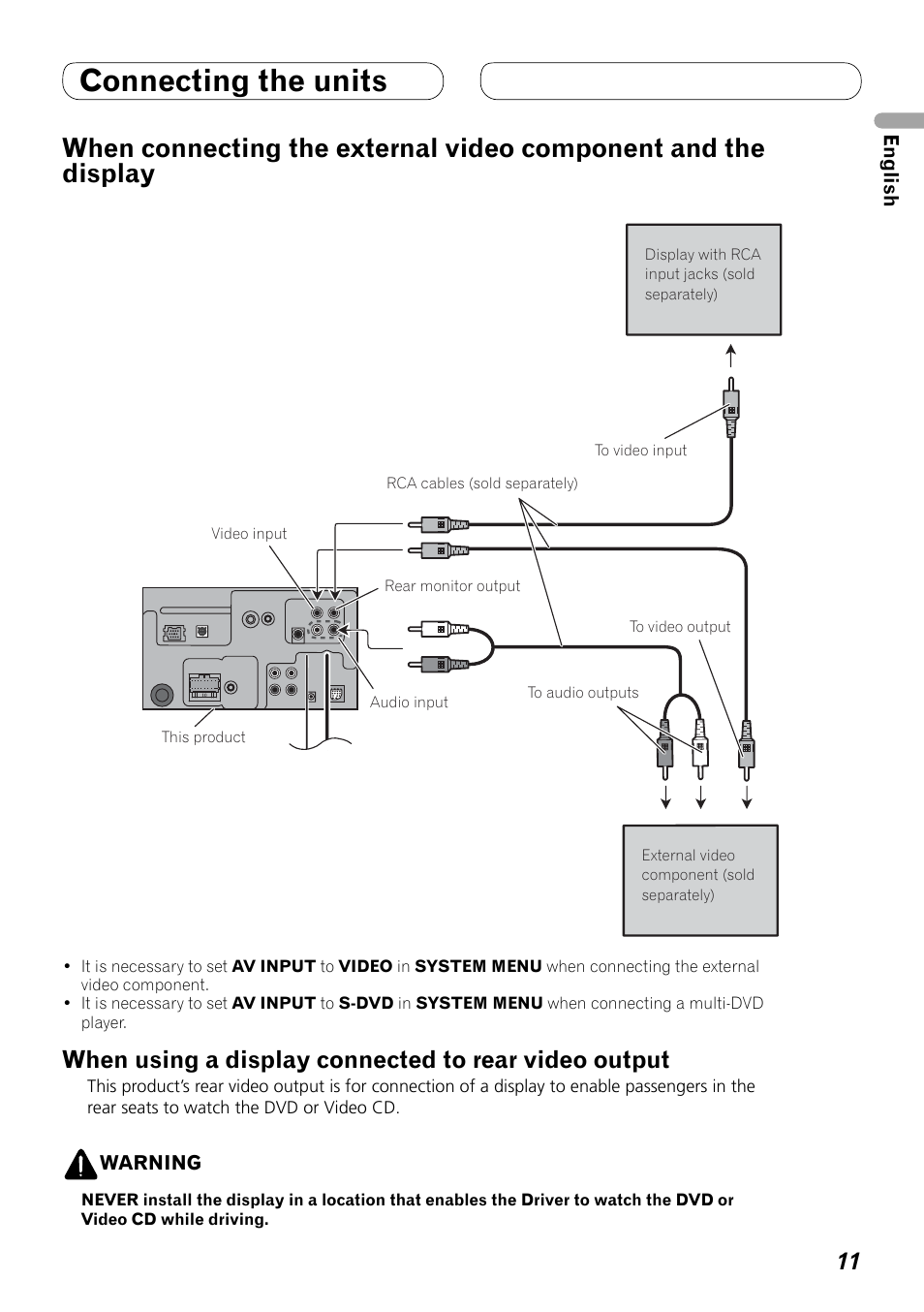 When connecting the external, Video component and the display, When using a display connected to | Rear video output, Connecting the units | Pioneer AVH-P4000DVD User Manual | Page 11 / 74