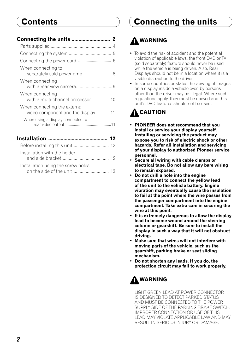 English, Contents connecting the units | Pioneer AVH-P4000DVD User Manual | Page 2 / 74