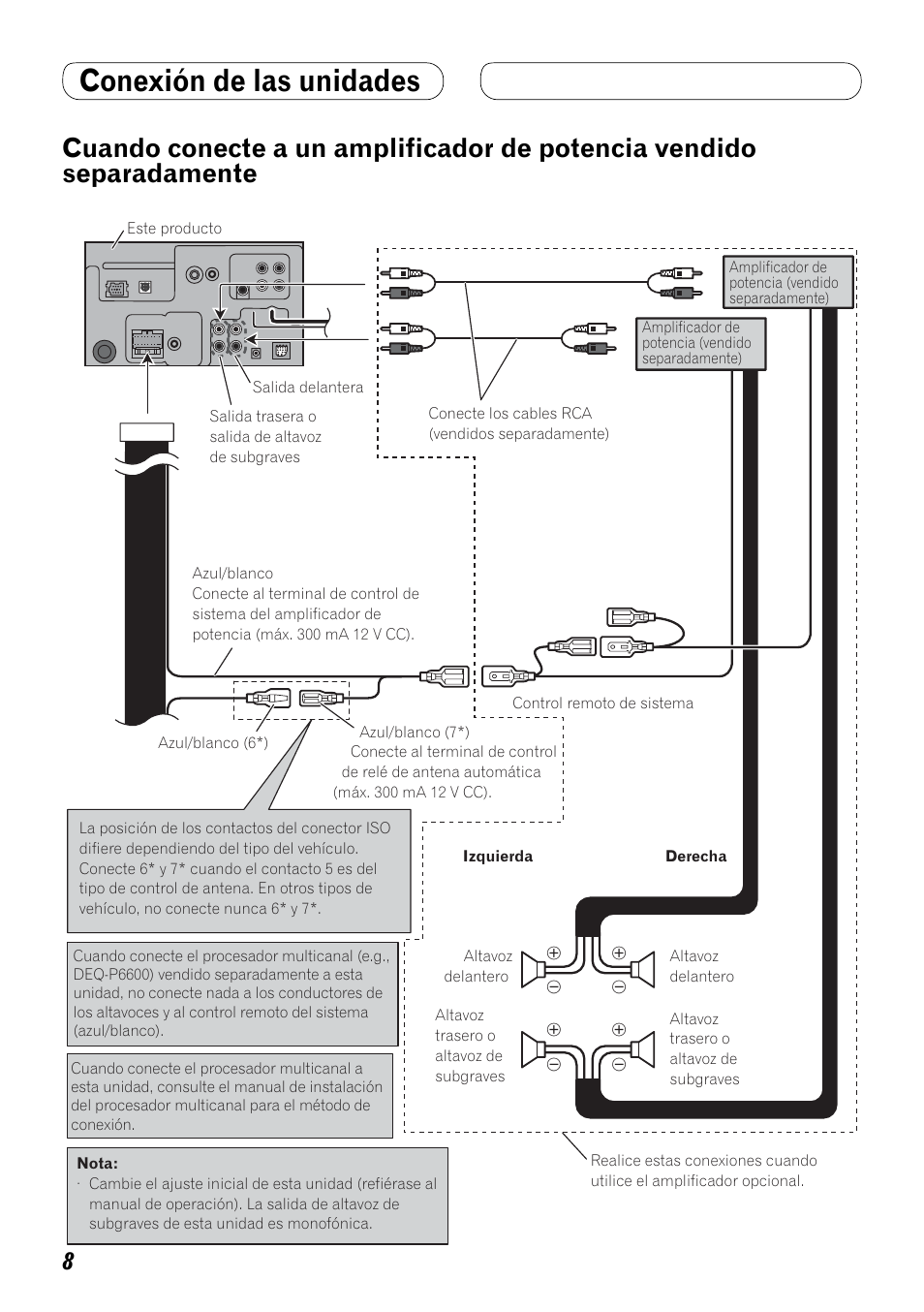 Cuando conecte a un amplificador de, Potencia vendido separadamente, Conexión de las unidades | Pioneer AVH-P4000DVD User Manual | Page 20 / 74