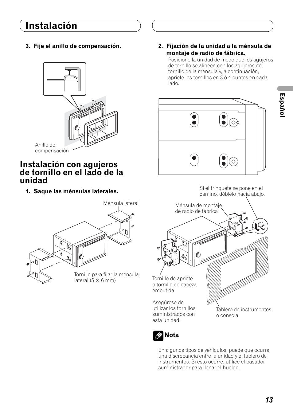 Instalación con agujeros de tornillo en, El lado de la unidad, Instalación | Pioneer AVH-P4000DVD User Manual | Page 25 / 74