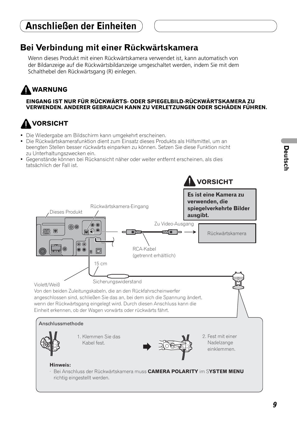 Bei verbindung mit einer, Rückwärtskamera, Anschließen der einheiten | Bei verbindung mit einer rückwärtskamera | Pioneer AVH-P4000DVD User Manual | Page 33 / 74