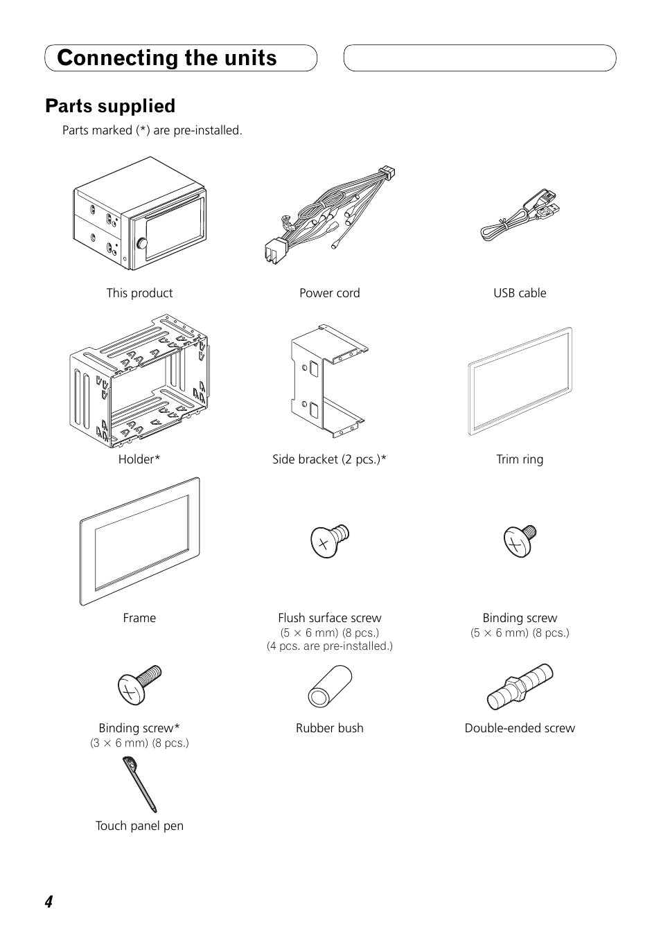 Parts supplied, Connecting the units | Pioneer AVH-P4000DVD User Manual | Page 4 / 74