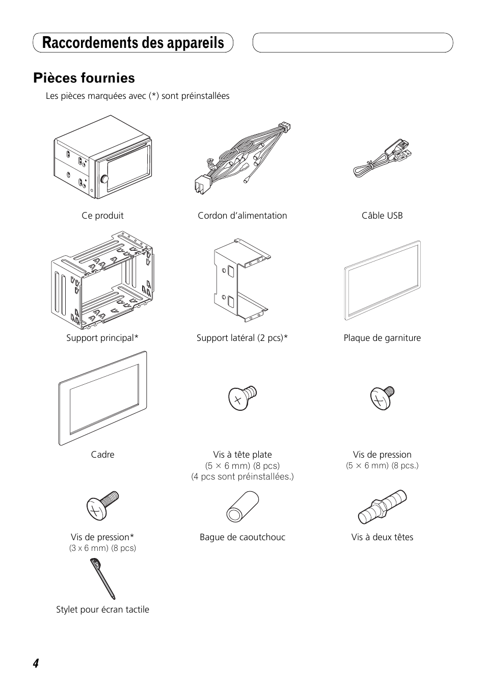 Pièces fournies, Raccordements des appareils | Pioneer AVH-P4000DVD User Manual | Page 40 / 74