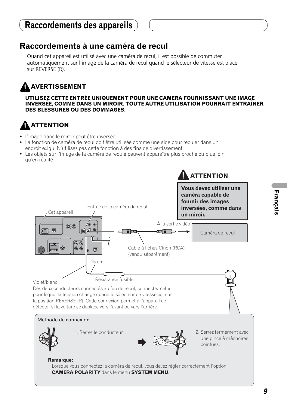 Raccordements à une caméra de recul, Raccordements des appareils | Pioneer AVH-P4000DVD User Manual | Page 45 / 74