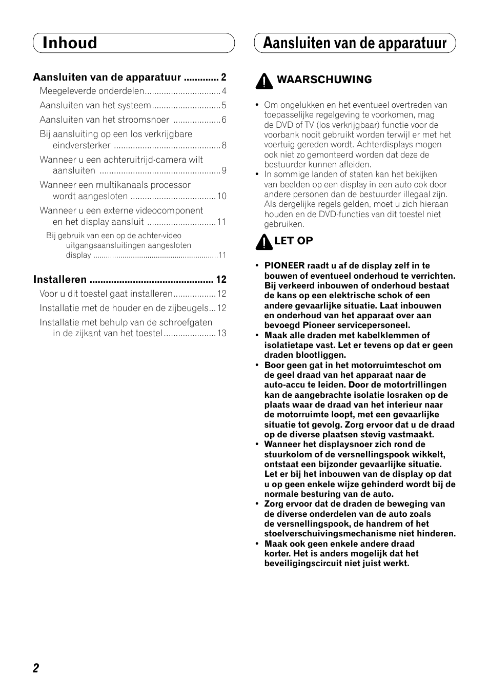 Nederlands, Inhoud aansluiten van de apparatuur | Pioneer AVH-P4000DVD User Manual | Page 62 / 74