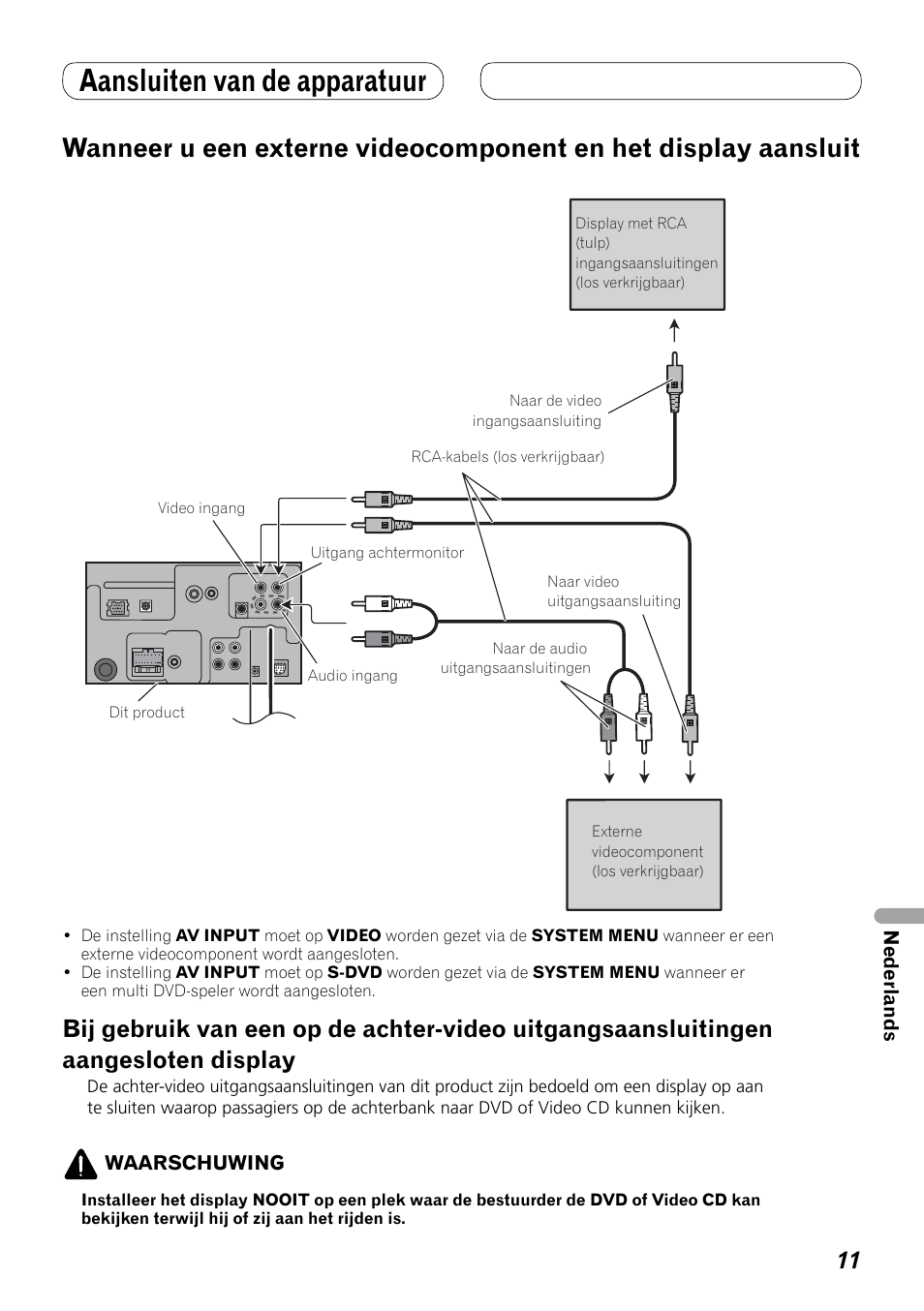 Wanneer u een externe videocomponent, En het display aansluit, Bij gebruik van een op de achter-video | Uitgangsaansluitingen aangesloten display, Aansluiten van de apparatuur | Pioneer AVH-P4000DVD User Manual | Page 71 / 74