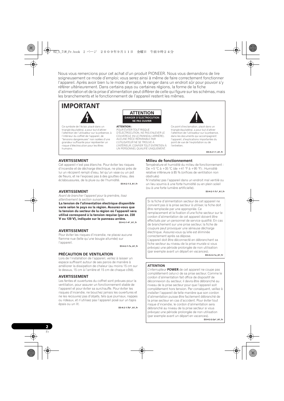 Important, Attention | Pioneer S-71W User Manual | Page 10 / 98