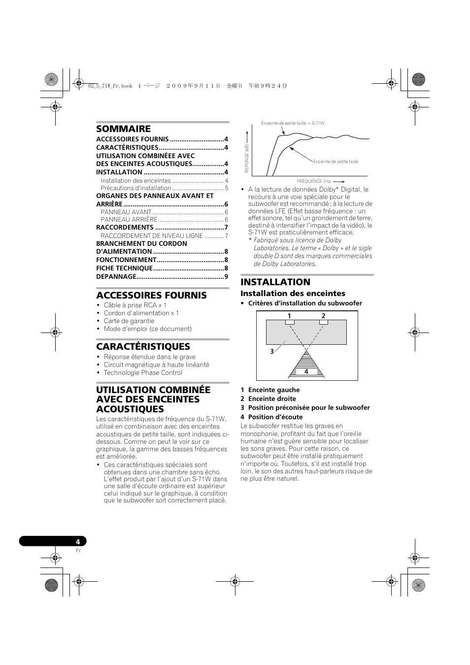 Enceinte active d’extremes graves, Mode d’emploi, Sommaire | Accessoires fournis, Caractéristiques, Installation | Pioneer S-71W User Manual | Page 12 / 98