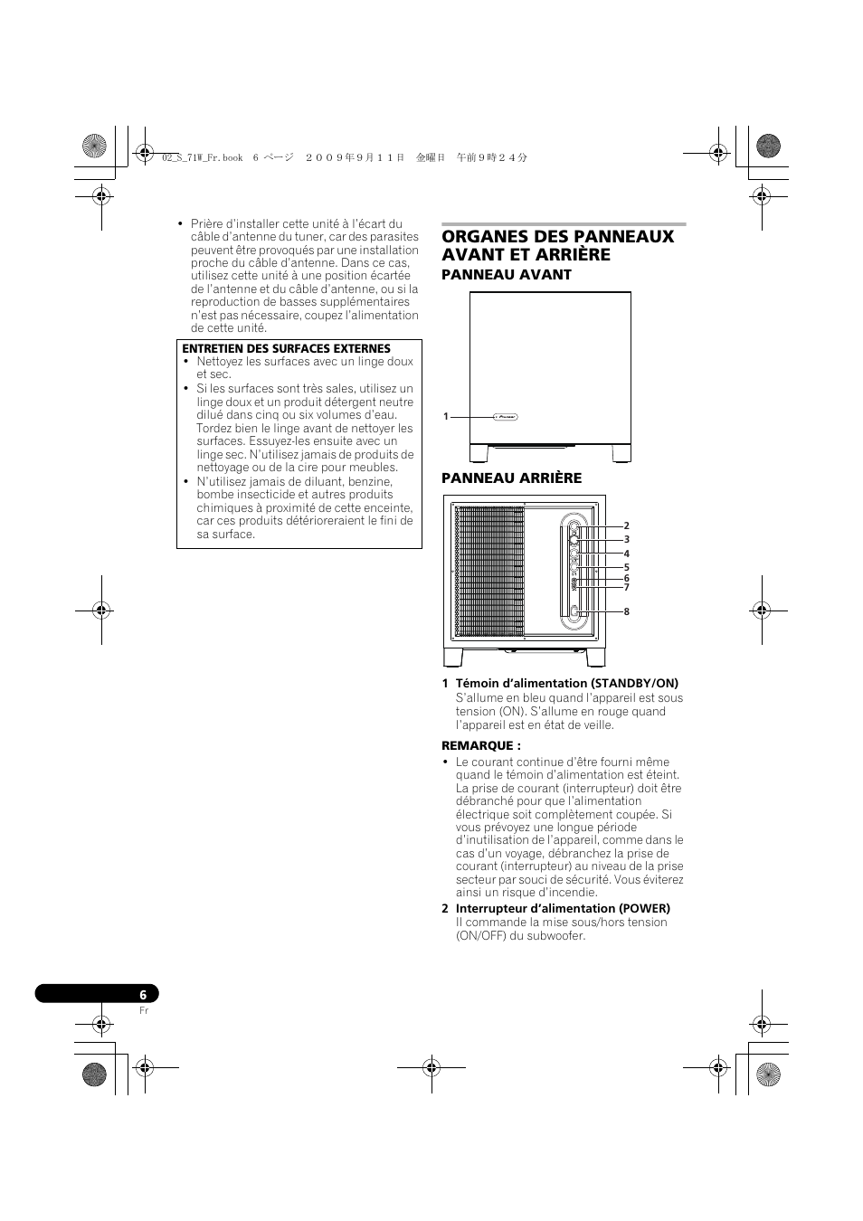 Organes des panneaux avant et arrière, Panneau avant panneau arrière | Pioneer S-71W User Manual | Page 14 / 98