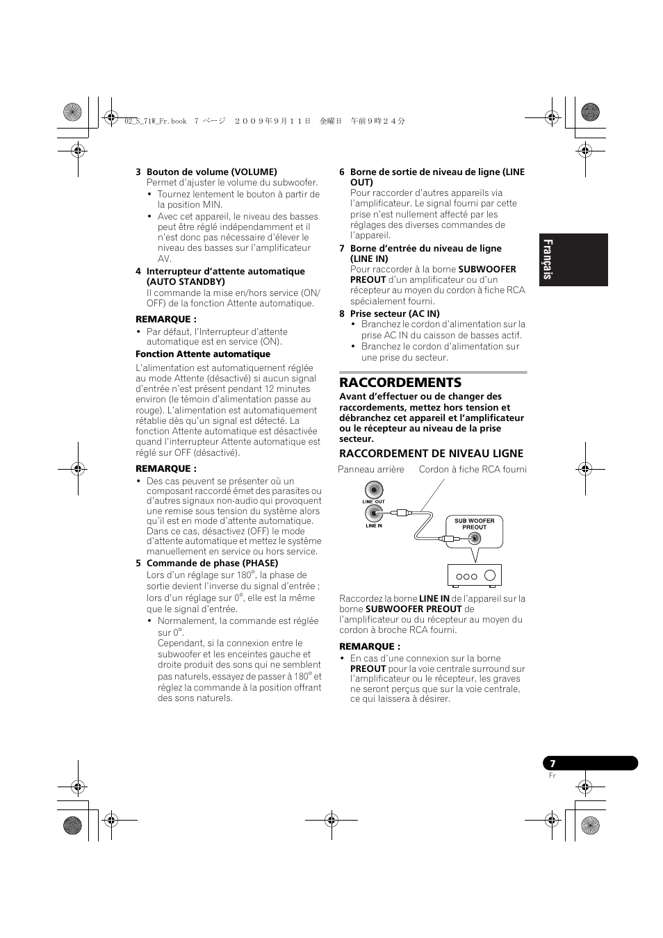 Raccordements, Raccordement de niveau ligne | Pioneer S-71W User Manual | Page 15 / 98