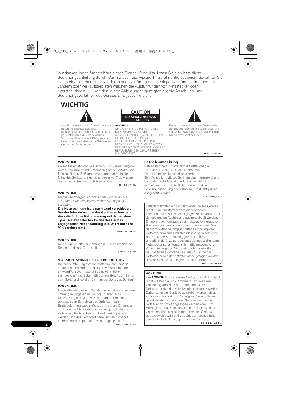 Wichtig, Caution | Pioneer S-71W User Manual | Page 18 / 98