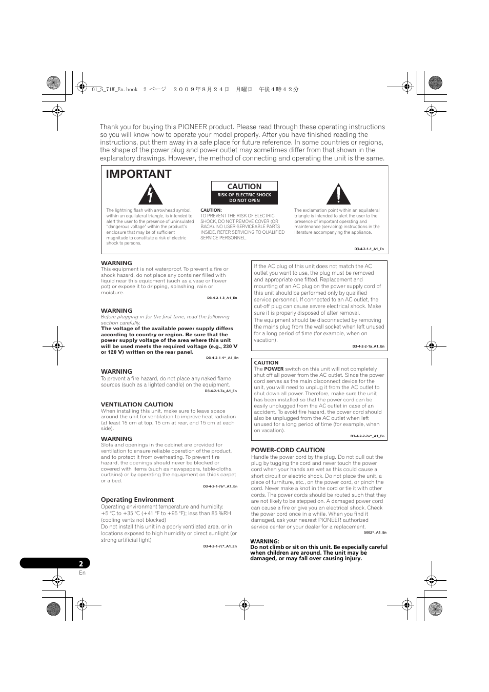 Important, Caution | Pioneer S-71W User Manual | Page 2 / 98