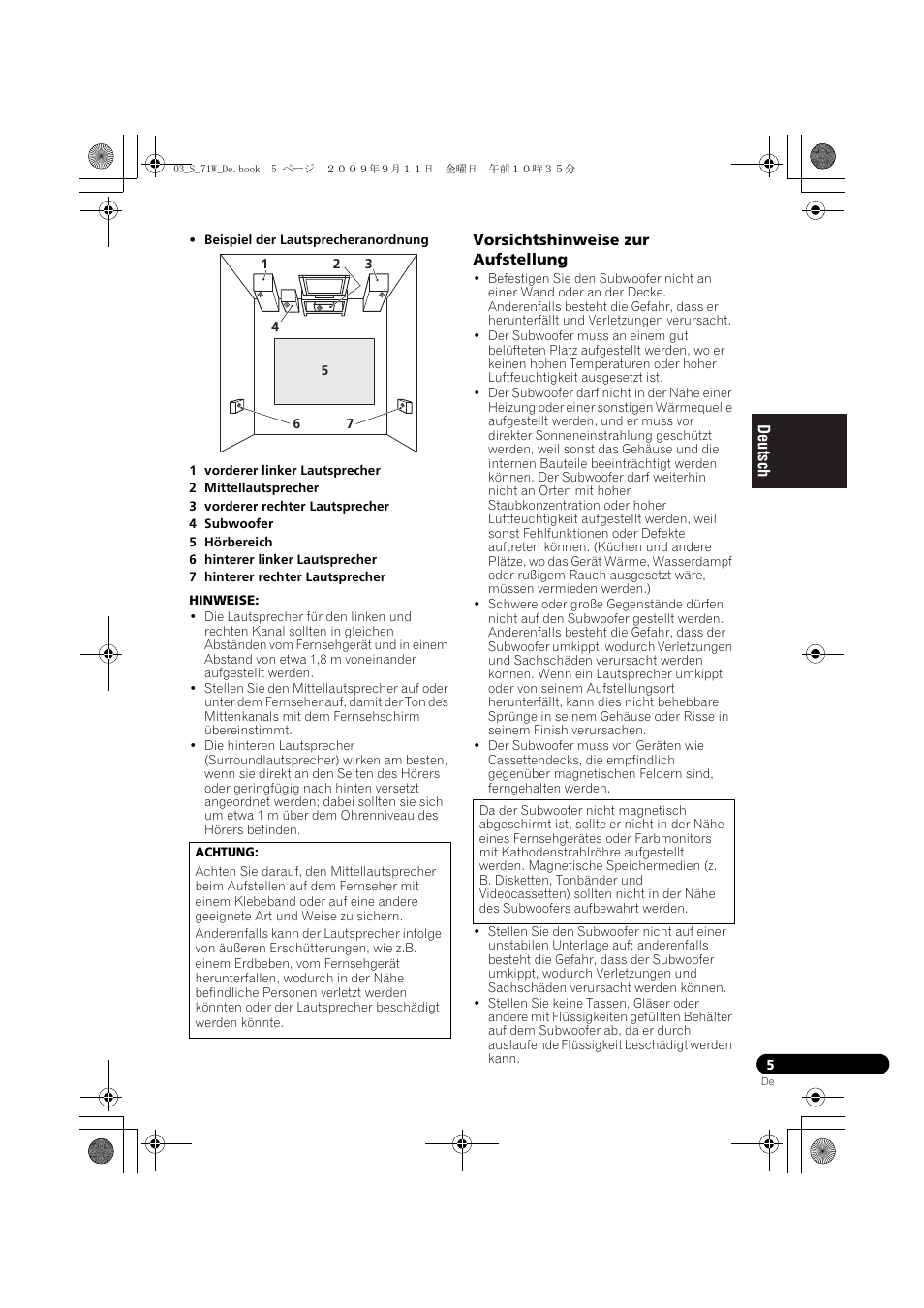 Vorsichtshinweise zur aufstellung | Pioneer S-71W User Manual | Page 21 / 98