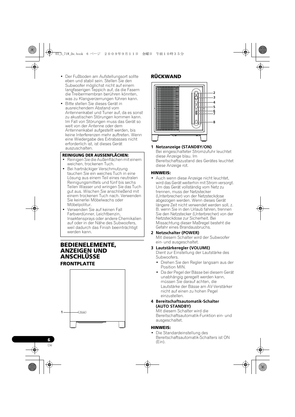 Bedienelemente, anzeigen und anschlüsse, Frontplatte rückwand | Pioneer S-71W User Manual | Page 22 / 98