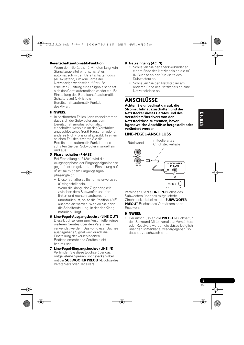 Anschlüsse, Line-pegel-anschluss | Pioneer S-71W User Manual | Page 23 / 98