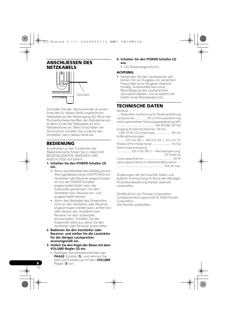 Anschliessen des netzkabels, Bedienung, Technische daten | Pioneer S-71W User Manual | Page 24 / 98