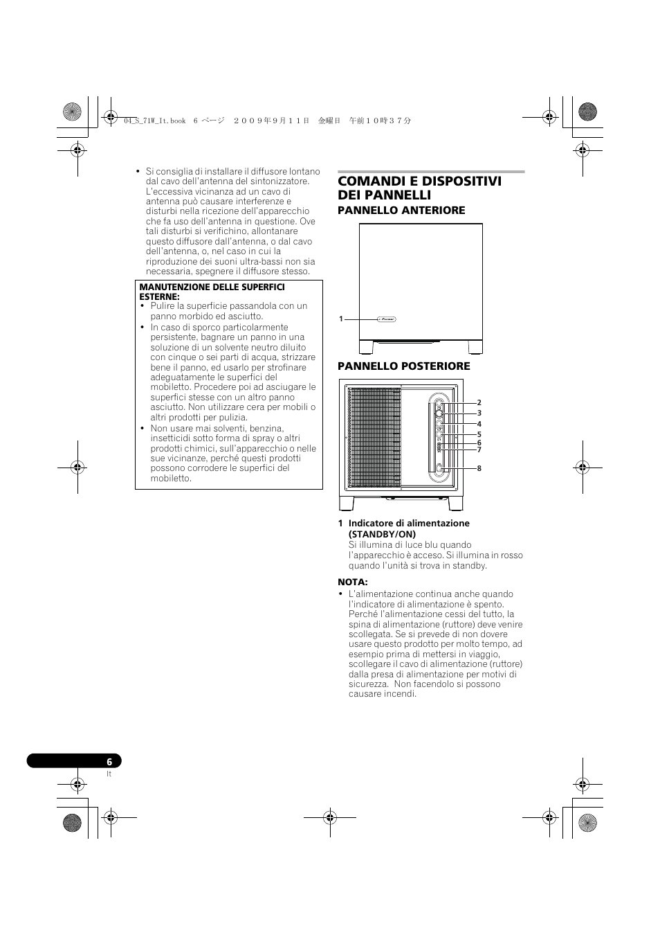 Comandi e dispositivi dei pannelli, Pannello anteriore pannello posteriore | Pioneer S-71W User Manual | Page 30 / 98