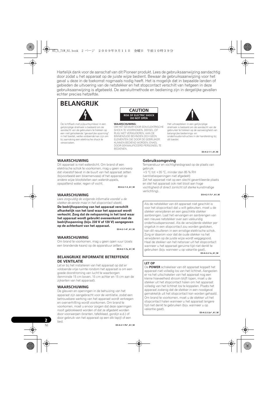 Belangrijk, Caution | Pioneer S-71W User Manual | Page 34 / 98