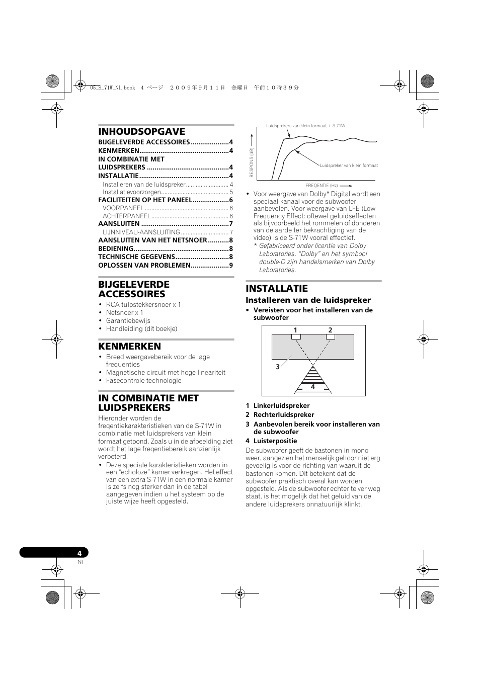 Subwoofer met spanningscircuit, Handleiding, Inhoudsopgave | Bijgeleverde accessoires, Kenmerken, Installatie | Pioneer S-71W User Manual | Page 36 / 98