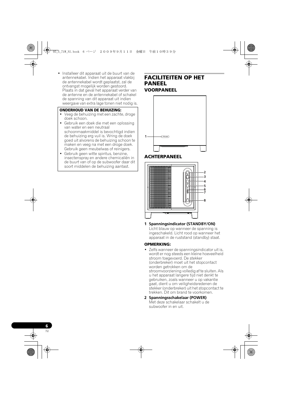 Faciliteiten op het paneel, Voorpaneel achterpaneel | Pioneer S-71W User Manual | Page 38 / 98