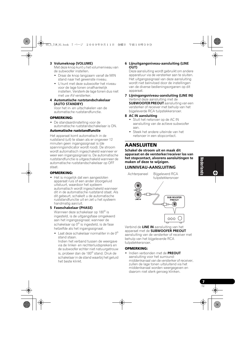 Aansluiten, Lijnniveau-aansluiting | Pioneer S-71W User Manual | Page 39 / 98