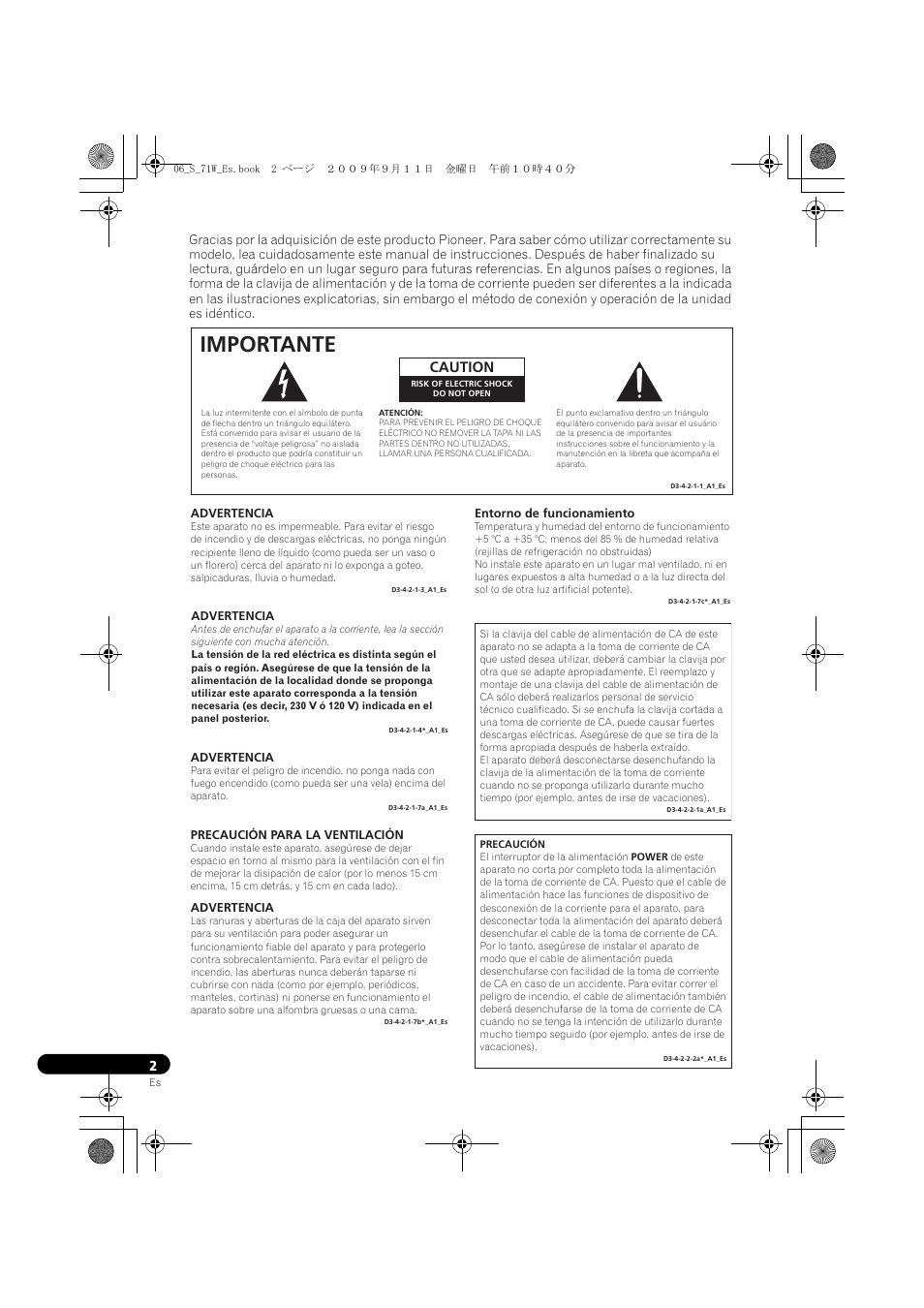 Importante, Caution | Pioneer S-71W User Manual | Page 42 / 98