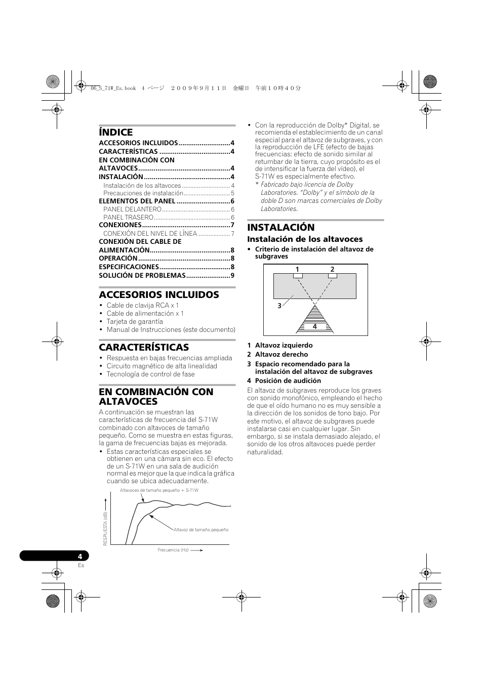 Altavoces de graves secundarios energizados, Manual de instrucciones, Índice | Accesorios incluidos, Características, En combinación con altavoces, Instalación | Pioneer S-71W User Manual | Page 44 / 98