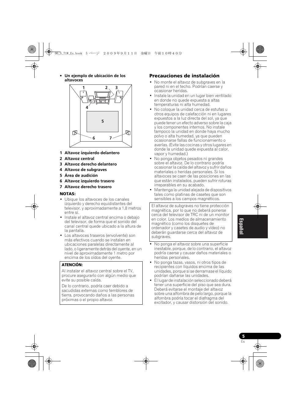 Precauciones de instalación | Pioneer S-71W User Manual | Page 45 / 98